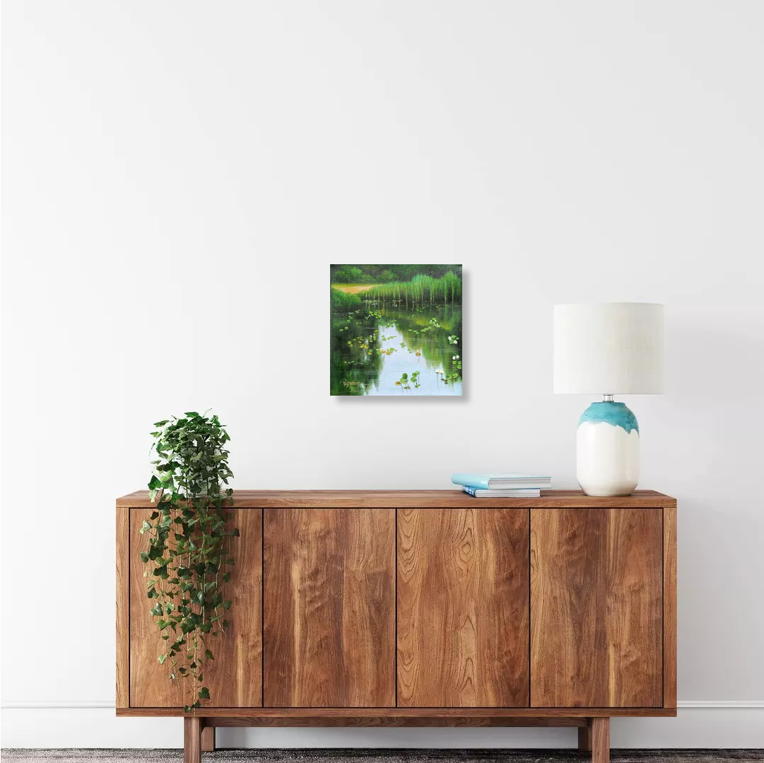 Enchanting oil painting that captures the serene beauty of a secluded water garden