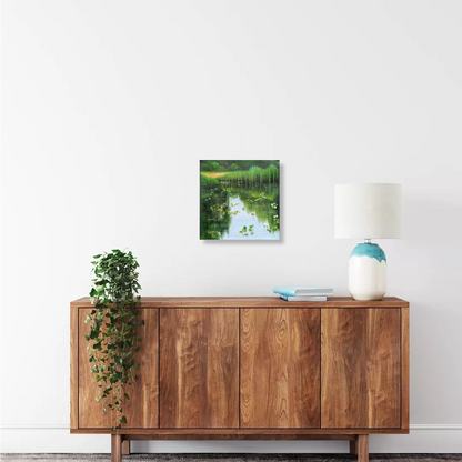 Enchanting oil painting that captures the serene beauty of a secluded water garden