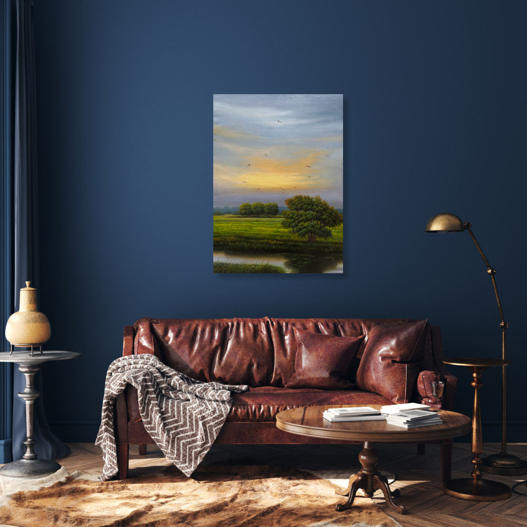 Oil painting features a monsoon sunset over a calm river that adds a beautiful touch on your walls