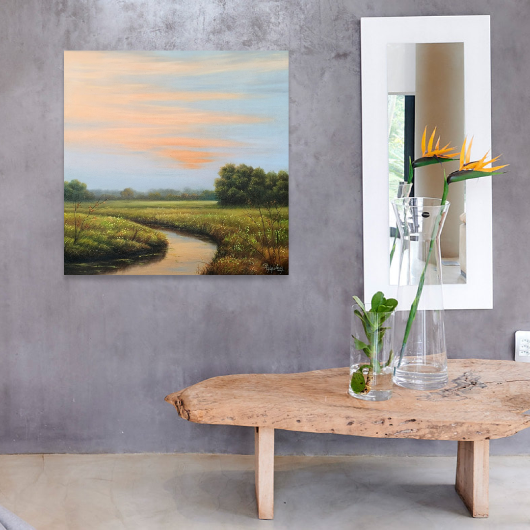 Serene oil painting by that captures the tranquil beauty of the countryside at sunset