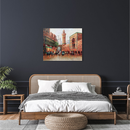 Oil painting captures the vibrant energy of a street market in a bustling city with a grand mosque holding a towering minaret adds a touch of serenity to the scene