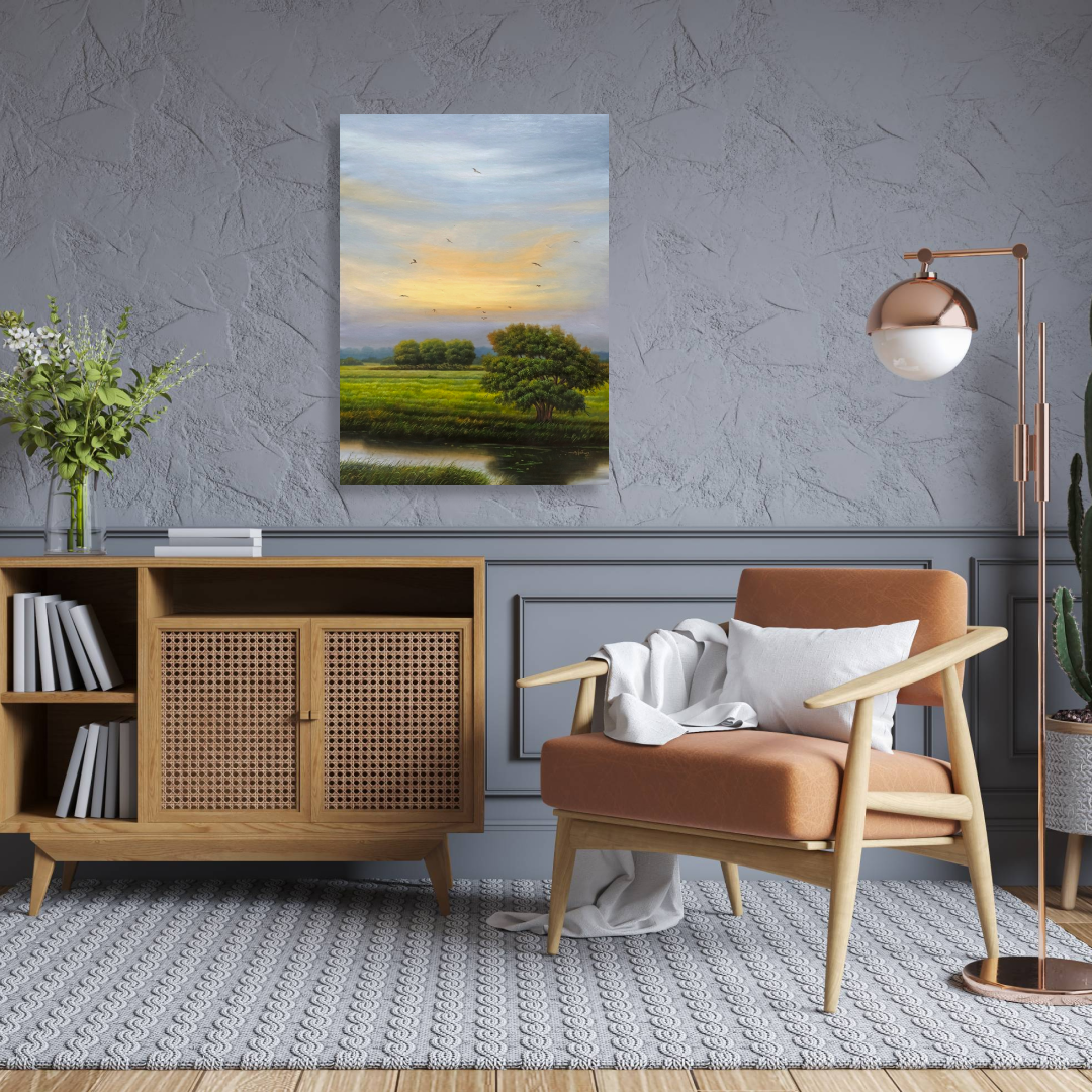 Oil painting features a monsoon sunset over a calm river that adds a beautiful touch on your walls