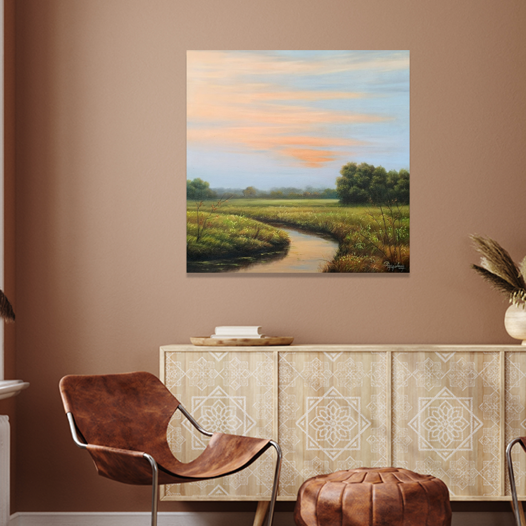 Serene oil painting by that captures the tranquil beauty of the countryside at sunset