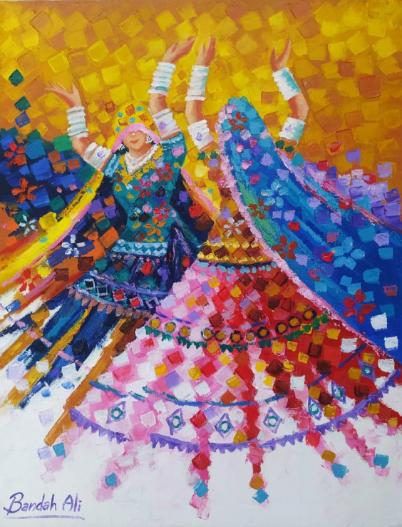 Acrylic painting features two women dancing in colorful traditional Indian clothing