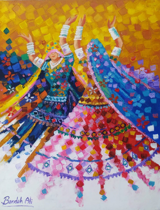 Acrylic painting features two women dancing in colorful traditional Indian clothing