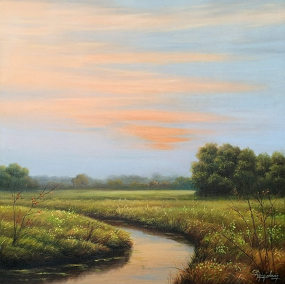 Serene oil painting by that captures the tranquil beauty of the countryside at sunset