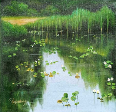 Enchanting oil painting that captures the serene beauty of a secluded water garden