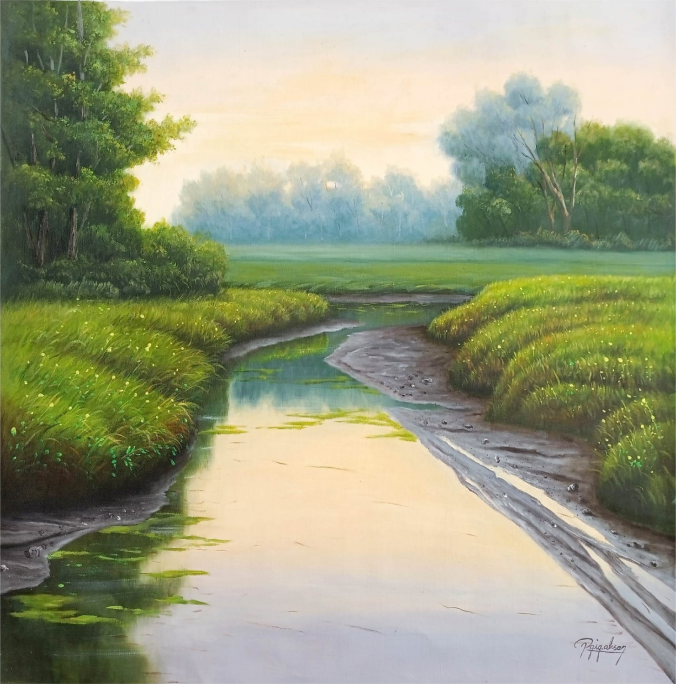 Oil painting showcases the lush green grass and towering trees create a sense of abundance