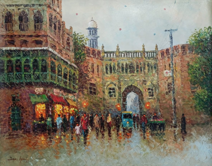 Oil painting captures the bustling atmosphere of Lahore during a rainy day