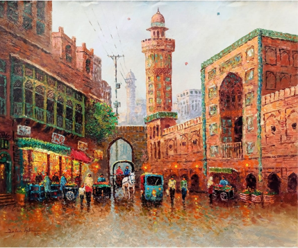 Oil painting captures the vibrant energy of a street market in a bustling city with a grand mosque holding a towering minaret adds a touch of serenity to the scene