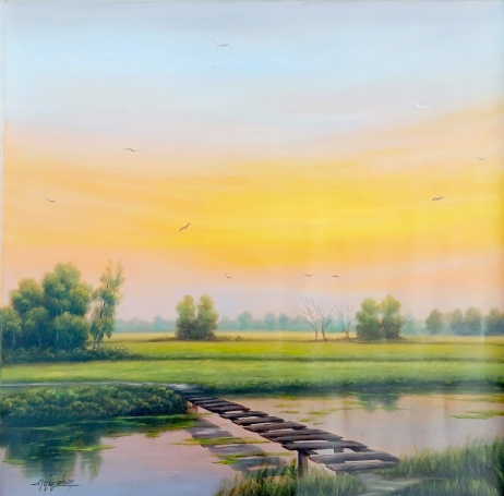 Landscape painting features a sturdy stone bridge arching over a calm river