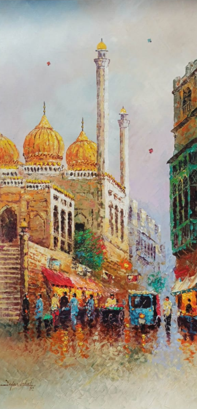 The painting depicts a mosque in the middle of a busy city, bathed in warm sunlight