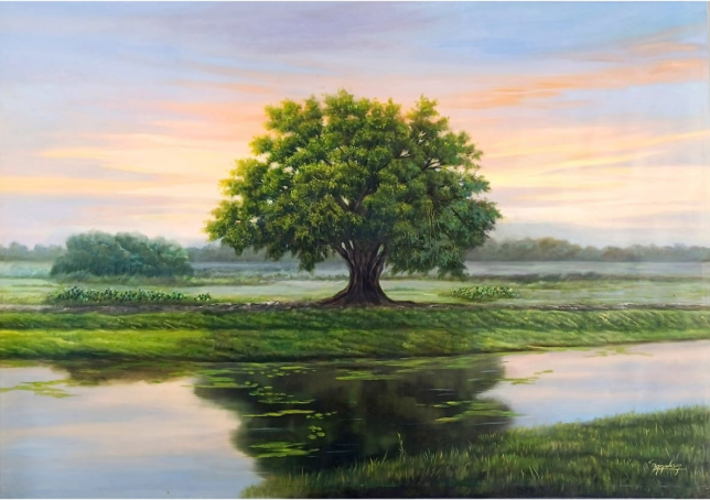 Oil painting features a single tree with green and yellow leaves, standing proudly on the bank of a calm river