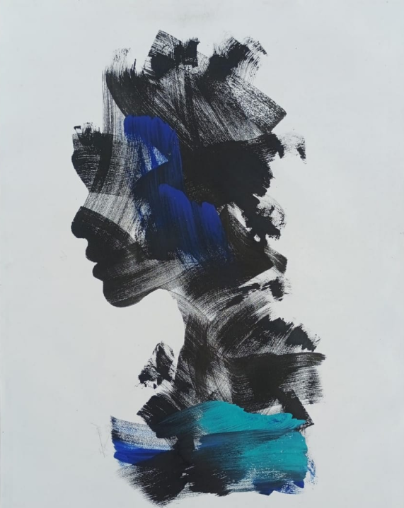 Acrylic painting features a girl in the blend of blue and green hues, applied in a gestural style